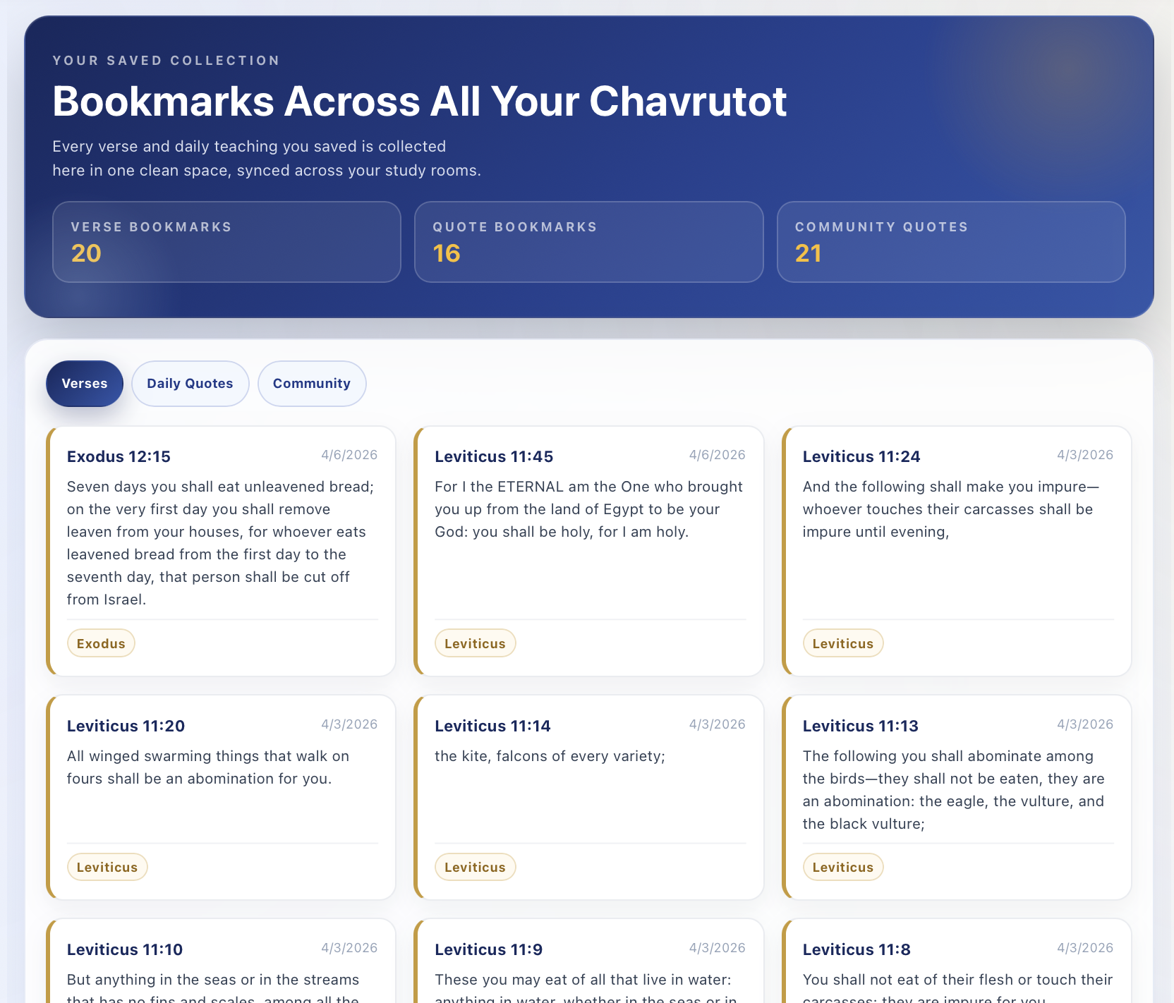 Bookmarks page showing saved verses across all study groups