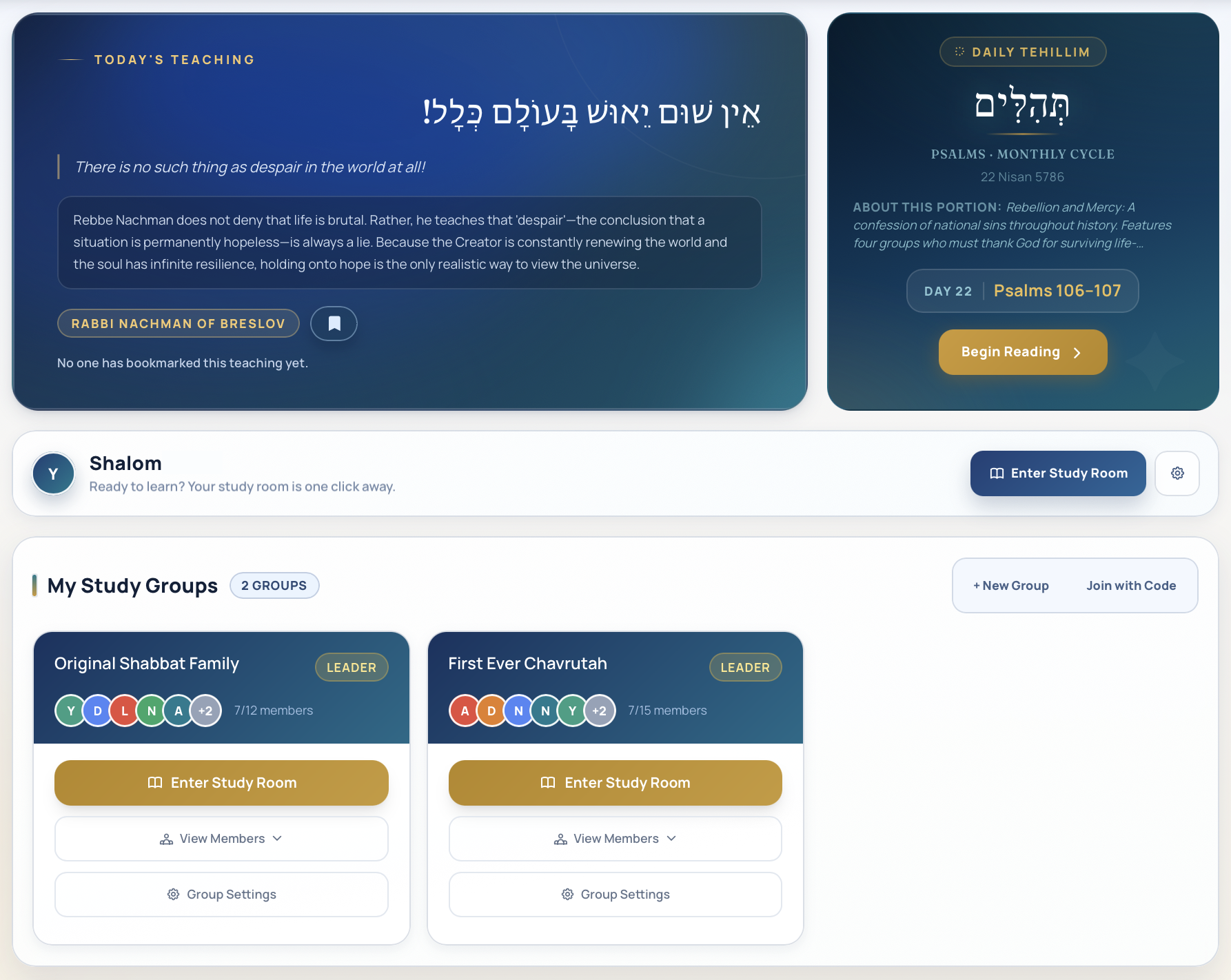 Dashboard showing daily teaching, Psalms, and study groups